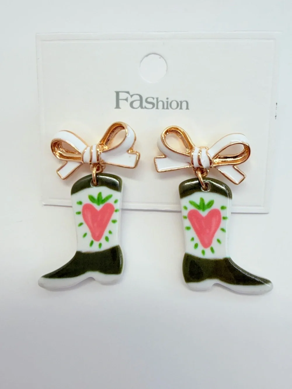 cowboy boot earrings with pink heart and green leaves #cowboy #western# ER0816